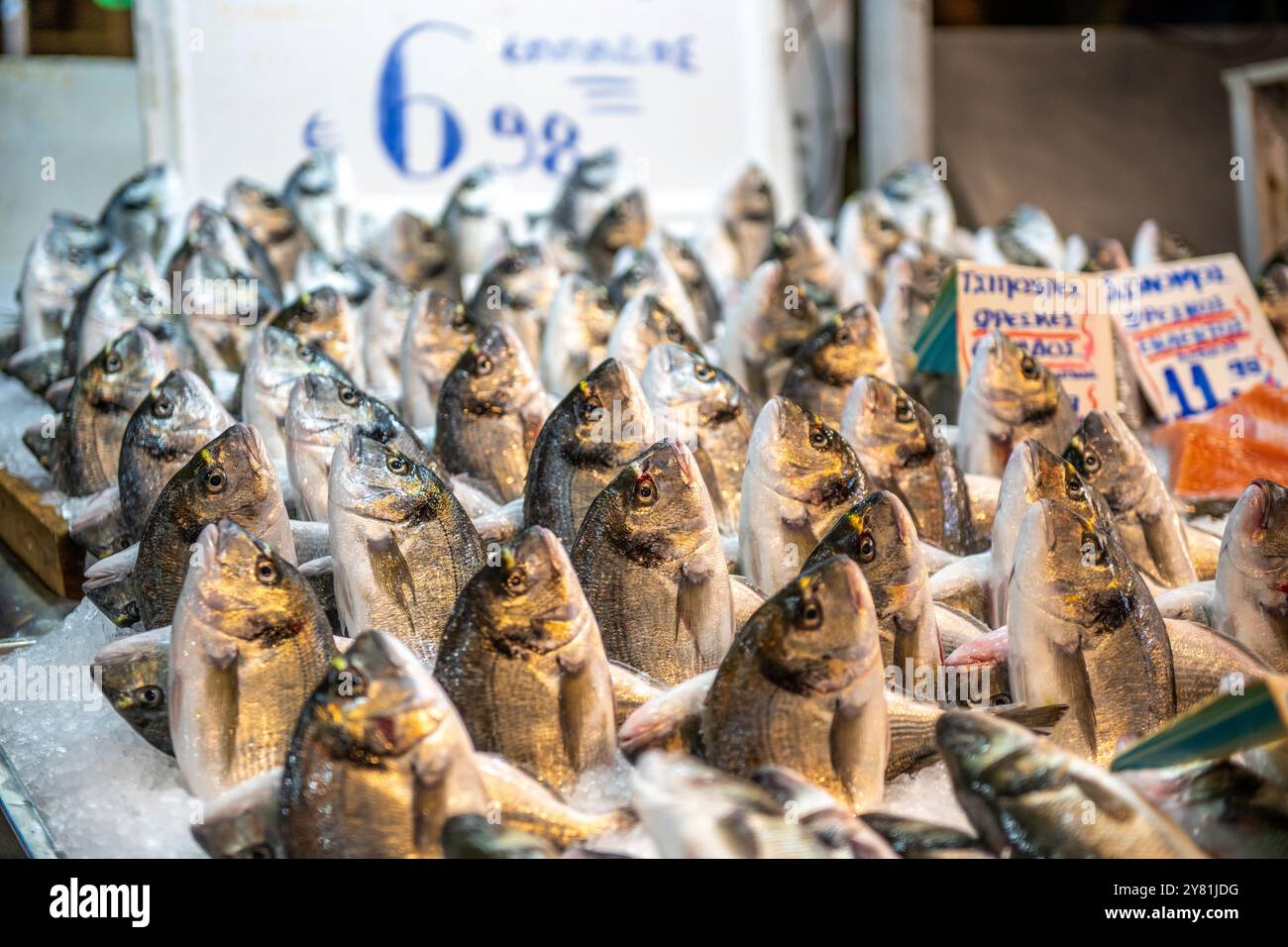 Fischhändler am frühen Morgen auf dem Athener Fischmarkt verkaufen Fänge frisch aus dem Meer Stockfoto