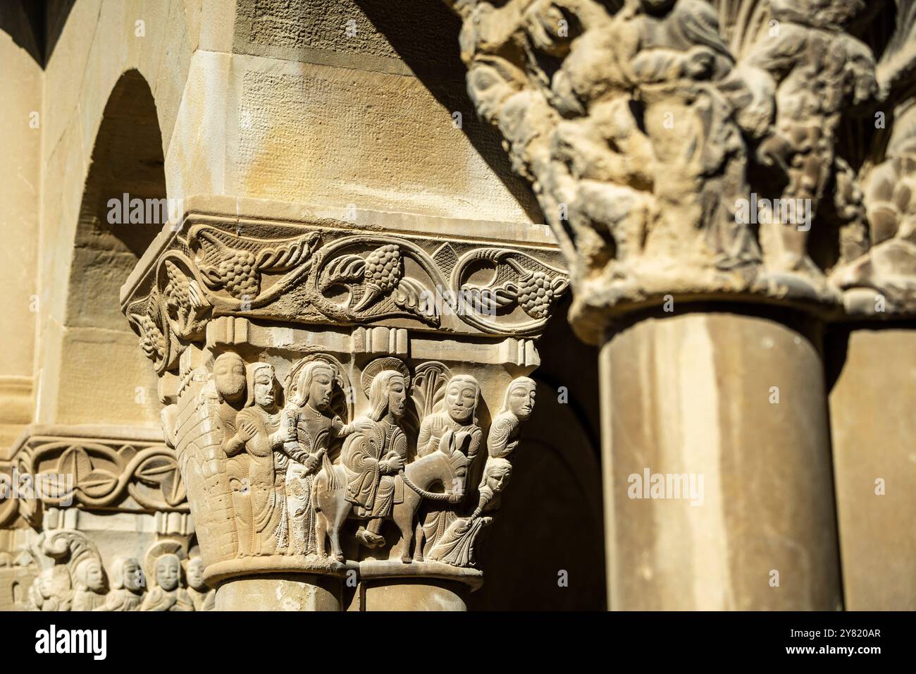 Triumphaler Einzug Jesu in Jerusalem, romanische Hauptstadt, Kloster San Pedro el Viejo, Huesca, Aragon Gemeinde, Spanien Stockfoto