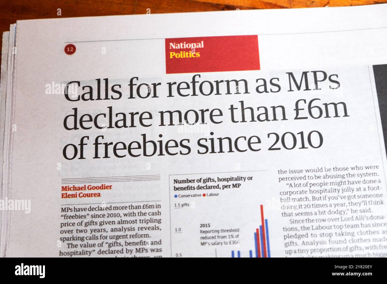 "Ruft zur Reform auf, da Parlamentsabgeordnete seit 2010 mehr als 6 Millionen Pfund an Gratisleistungen erklären" Guardian Newspaper spendenartikel 28 September 2024 London Großbritannien Stockfoto