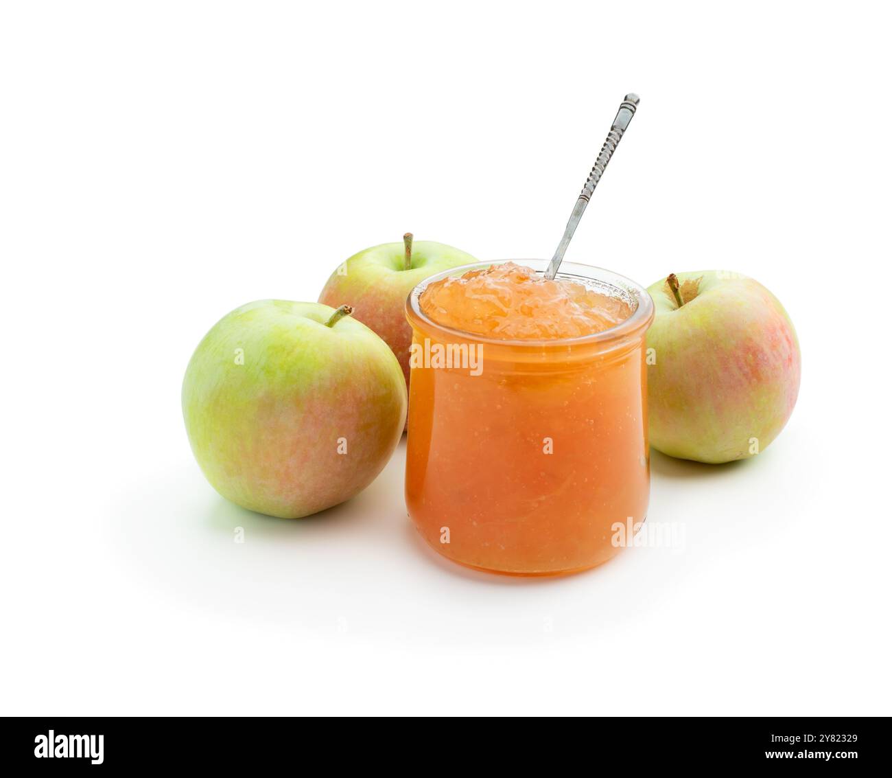 Hausgemachte Apfelmarmelade im Glasgefäß isoliert auf weißem Hintergrund Stockfoto Hausgemachte Apfelmarmelade im Glasgefäß isoliert auf weißem Hintergrund Stockfoto