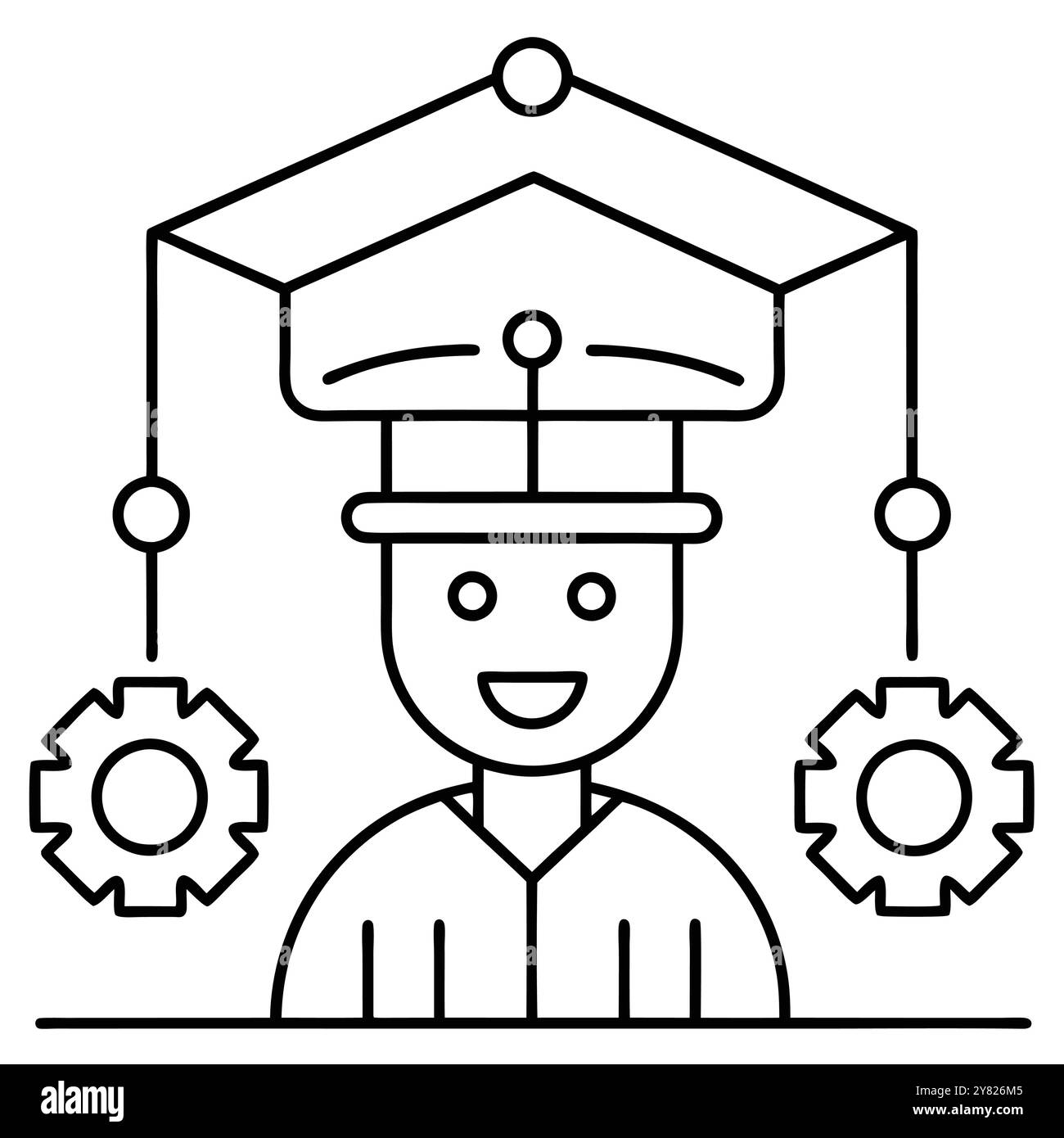 Eine Strichgrafik-Illustration einer Person, die eine Graduierungskappe mit zwei seitlich hängenden Zahnrädern trägt. Es repräsentiert den Begriff der Bildung. Technologie Stock Vektor