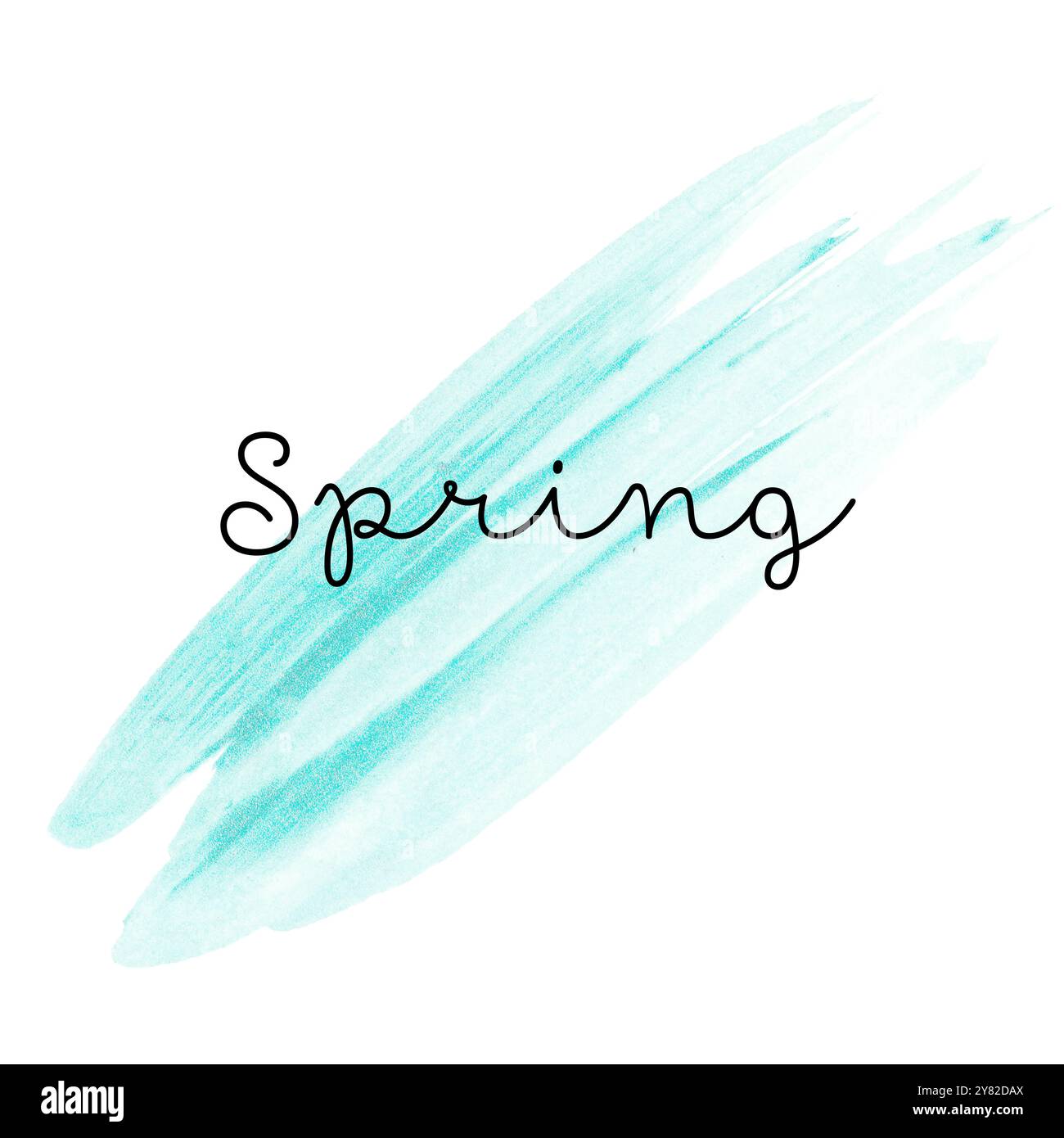 Abstraktes türkisfarbenes Wasserspritzer auf weißem Hintergrund mit Schriftzug Spring. Handgezeichneter Pinselstrich mit Aquarellstruktur. Farbpinsel STA Stockfoto