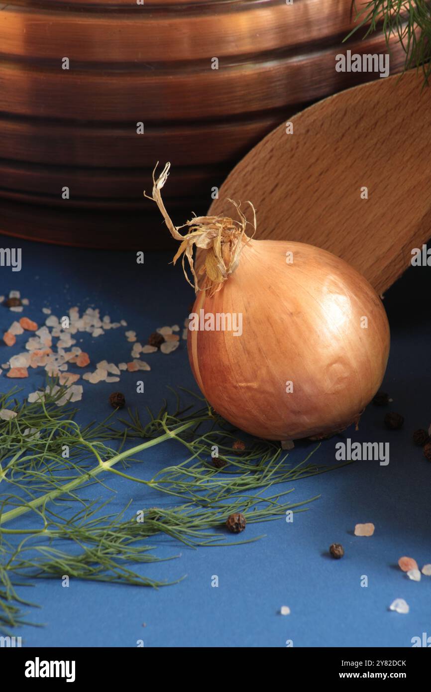 Ganze Zwiebel mit Salzkörnern, einem Holzlöffel und einer Kupferschale, angeordnet auf tiefblauem Hintergrund für eine rustikale, stimmungsvolle und elegante Komposition Stockfoto