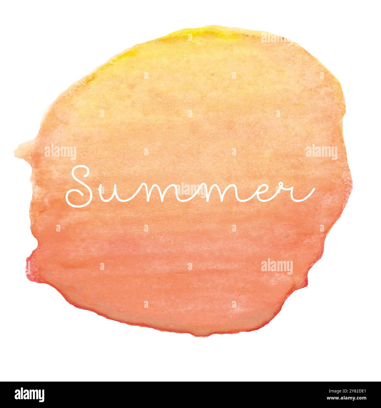 Abstrakter Blotch in Orange und Gelb mit Schriftzug Summer. Isolierter Farbhintergrund für Kartendesign, Verkaufswerbung. Handgezeichnete Grafik Ar Stockfoto
