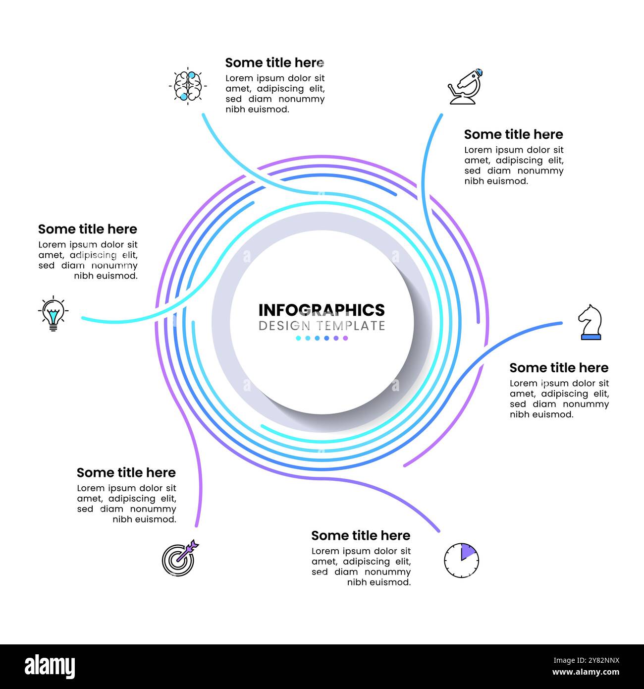 Infografik-Vorlage mit Symbolen und 6 Optionen oder Schritten. Kreativer Kreis. Kann für Workflow-Layout, Diagramm, Banner und Webdesign verwendet werden. Vektorillustrat Stock Vektor