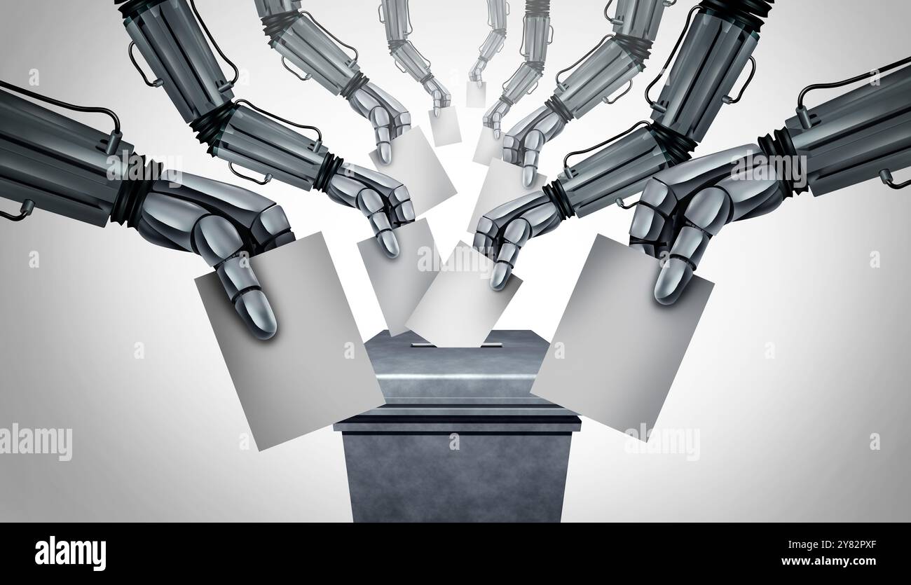 AI Bot Voting und Roboter Wahlabstimmungen als künstliche Intelligenz, die autonome Wählertechnologien verwendet, wodurch Wahlen als Computerdemokratie wie A unterbrochen werden Stockfoto