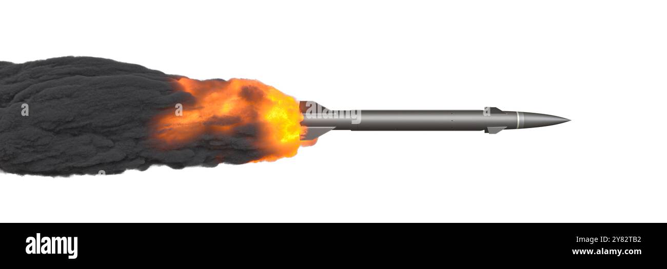 Die ballistische Rakete beschleunigt die Spur von Feuer und Rauch 3D isoliert Stockfoto