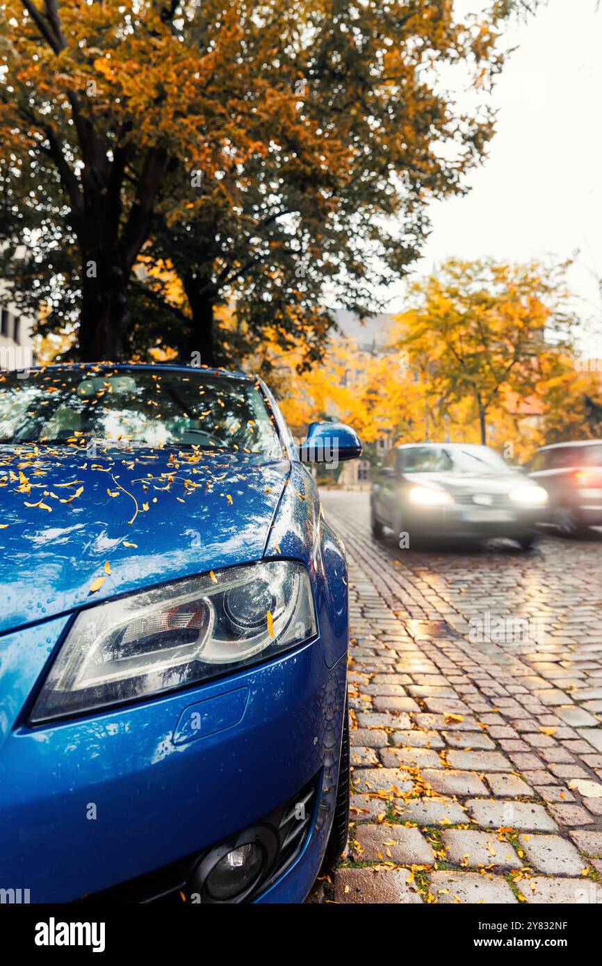 Moody, malerischer Blick auf die Frontscheinwerfer modernes weißes Auto Windschutzscheibe bedeckt goldene gelbe gefallene Blätter geparkt nasse Stadt Straße Herbst regnerischer Tag. Bewölkt Stockfoto