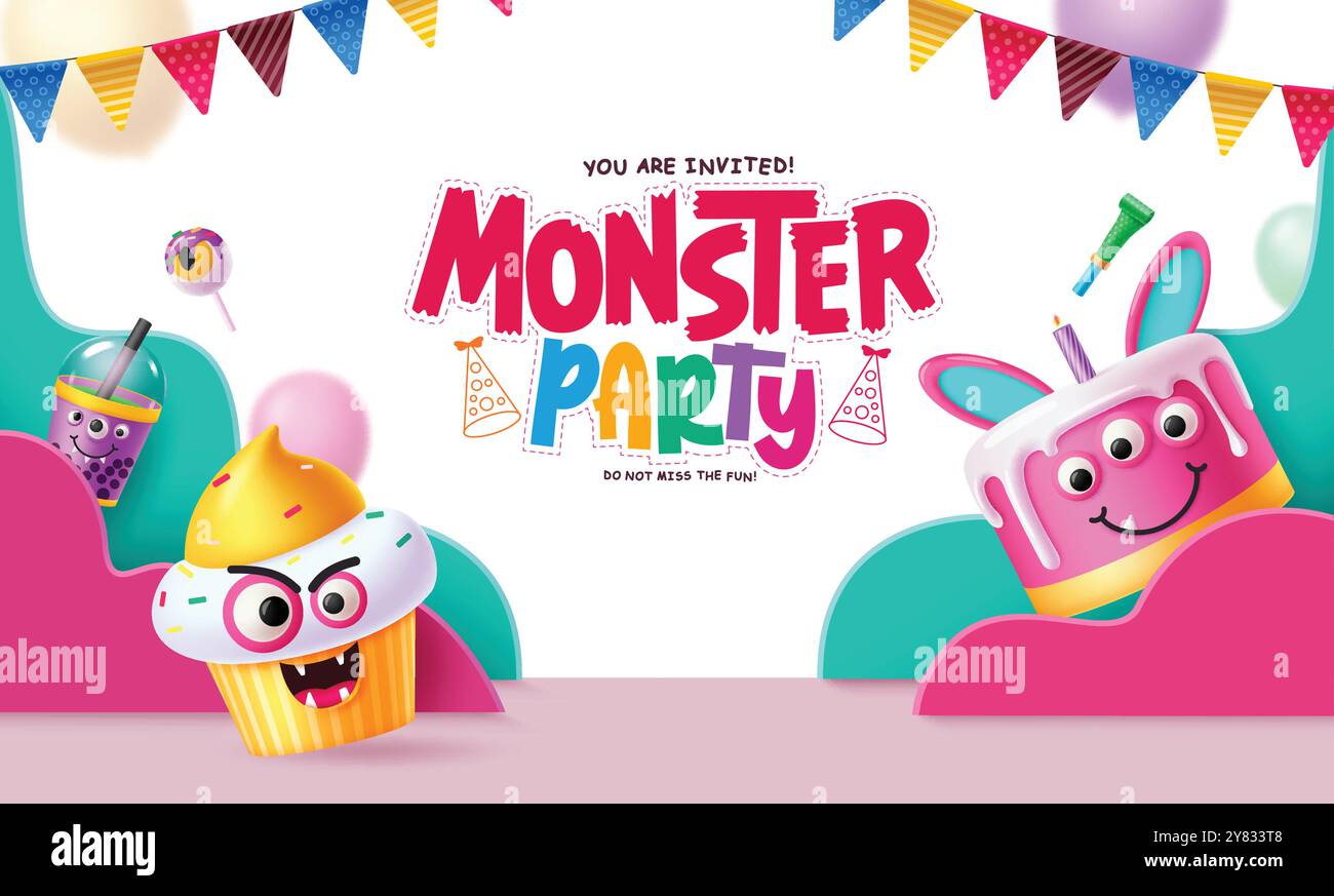 Monster Party Gruß Text Vektor Design. Happy Birthday Einladungskarte mit Cupcake, Kuchen und Getränke Charakterelemente in Papier geschnittenem Hintergrund. Stock Vektor