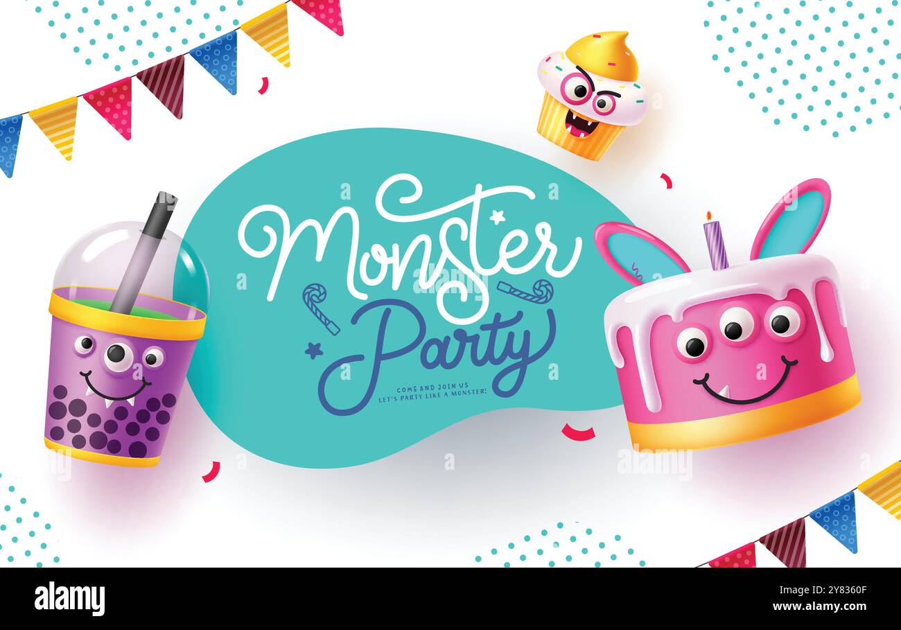 Monster Party Vektor Vorlage Design. Geburtstag halloween Grußtext mit Getränken, Kuchen und Tasse Kuchen Charaktere Elemente in weißem abstrakten Hintergrund Stock Vektor