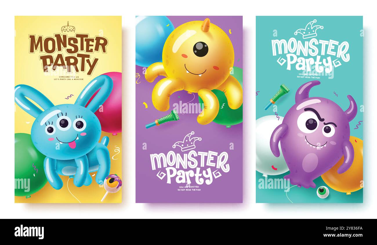 Monster Party Ballons Vektor Poster Set Design. geburtstagskarte mit Tierform Ballons, Oktopus und Monster aufblasbarem Element Stock Vektor