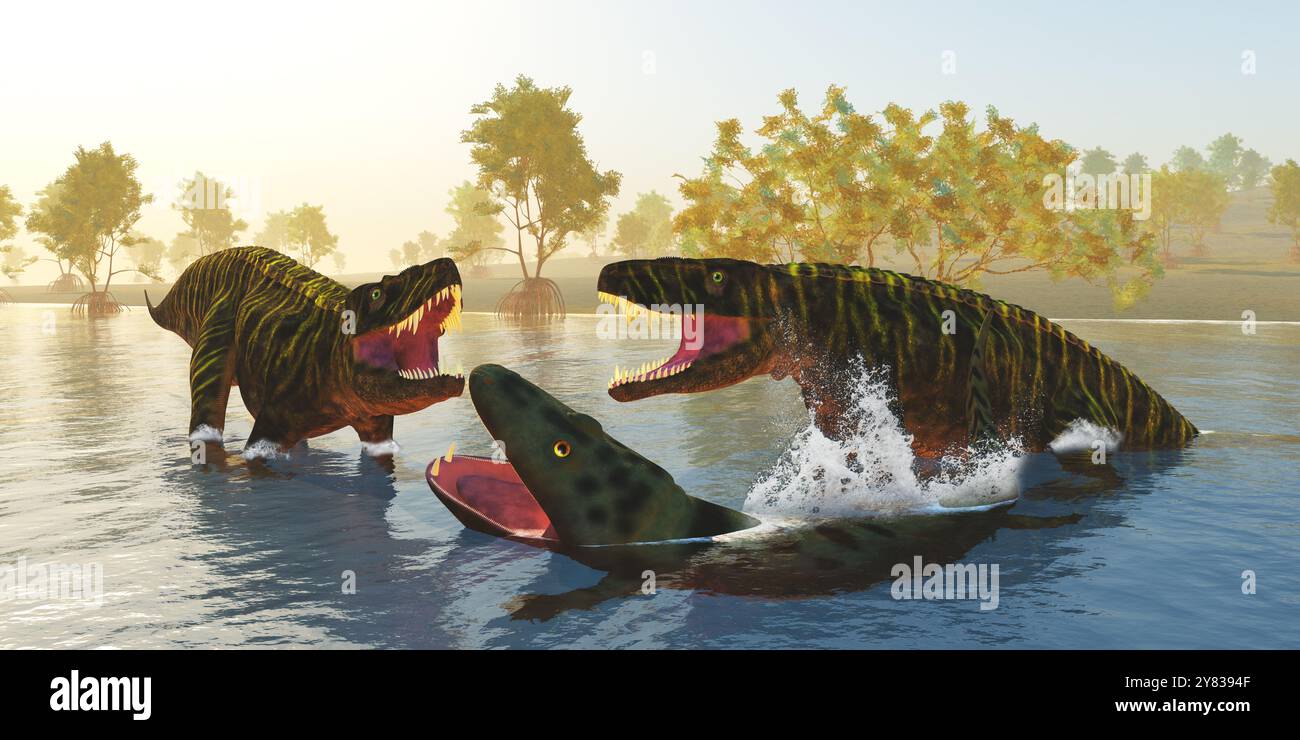 Zwei Batrachotomus-Reptilien schließen einen Mastodonsaurus während der Triaszeit Europas. Stockfoto