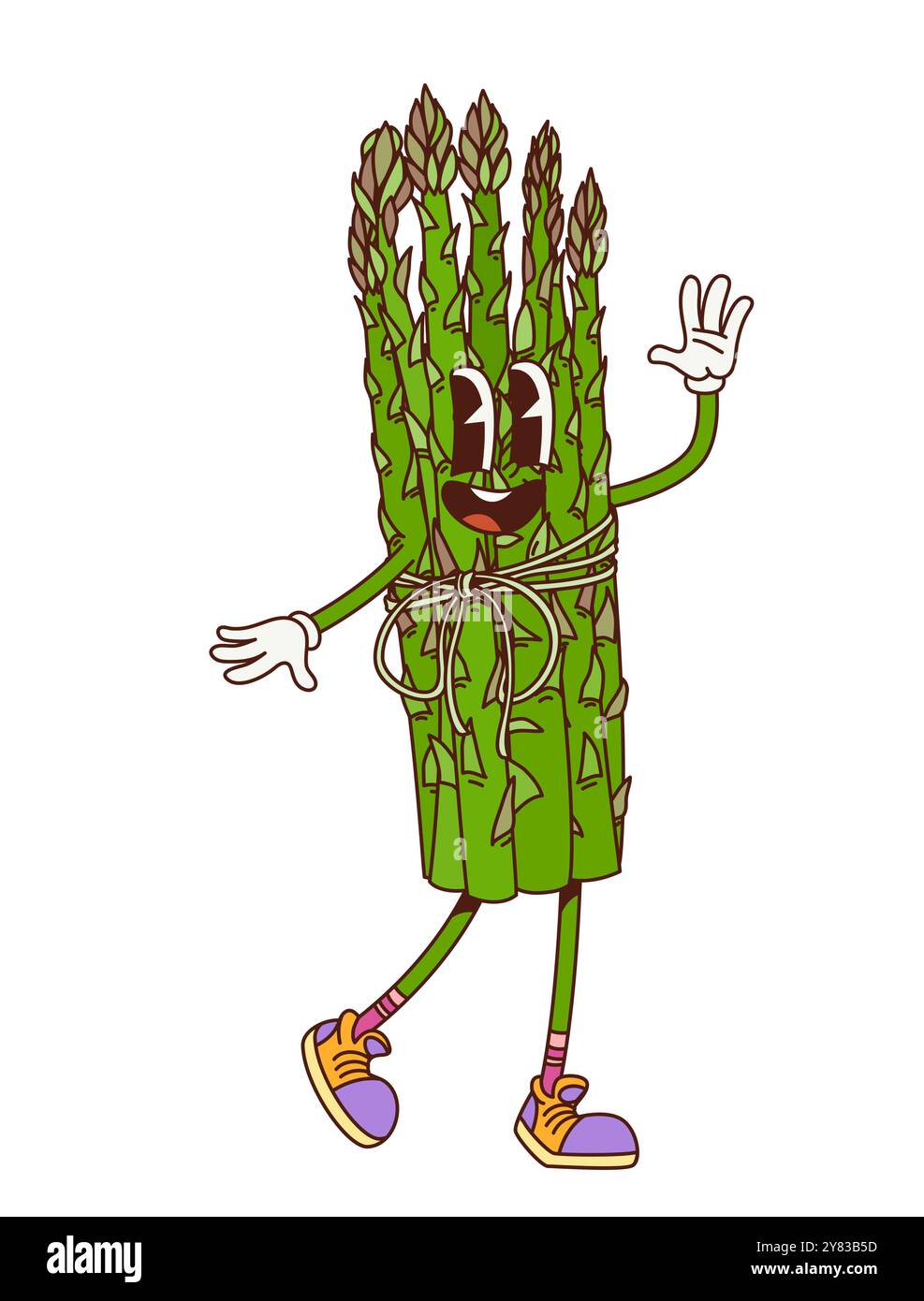 Grooviger Spargel-Gemüse-Retro-Charakter mit lustigem Gesicht, Vektor-Comic-Cartoon. Groovige Spargelgrün-Triebe mit Happy Smile und Hi Hello-Geste für fröhliche süße und groovige Gemüseemoji Stock Vektor