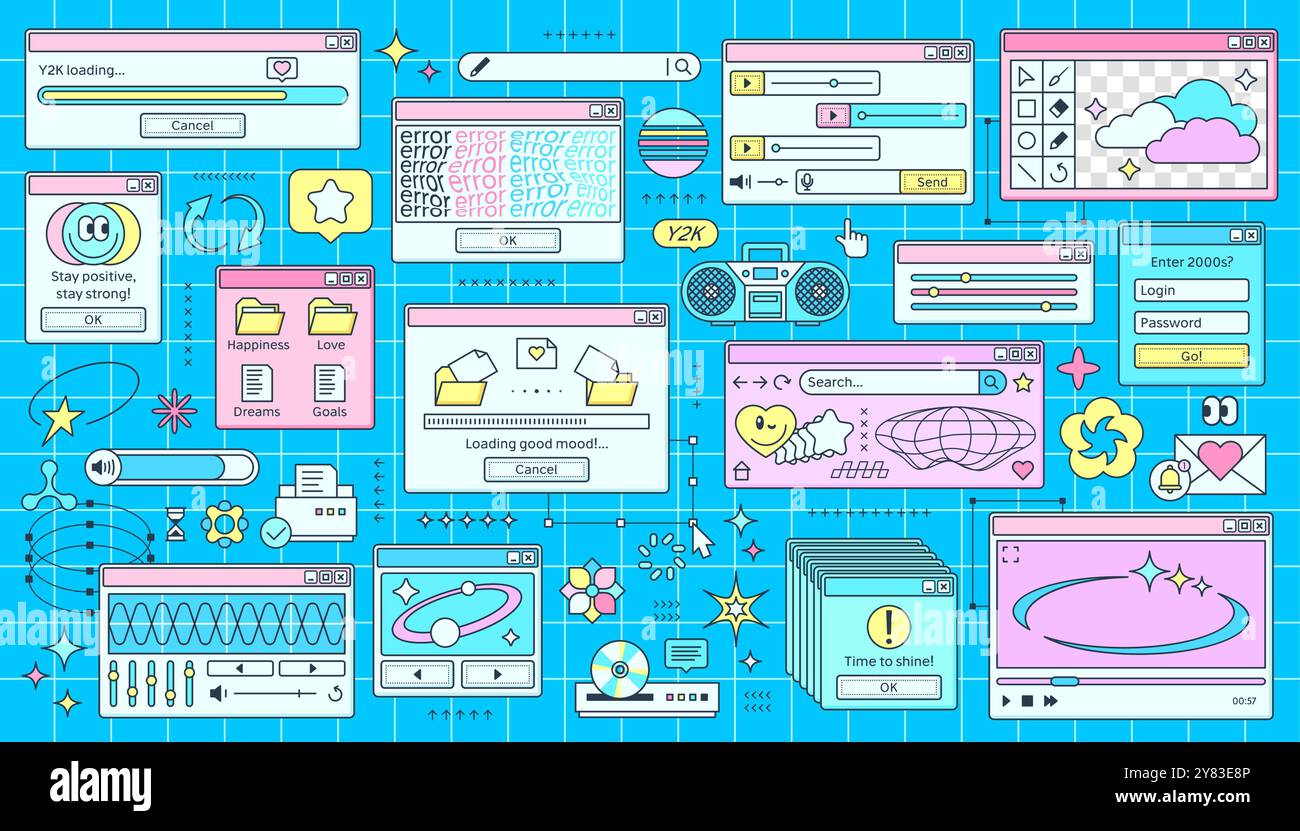 Y2K-Computer-pc-Fenster, Schnittstelle für Retro-Seiten, Vektor-UI. Alte Desktop-Computer-Bildschirmsymbole, y2k-Vaporwave-Browserfenster, Fehlermeldung, ästhetische Software-Dialogfelder und Chatboxen Stock Vektor