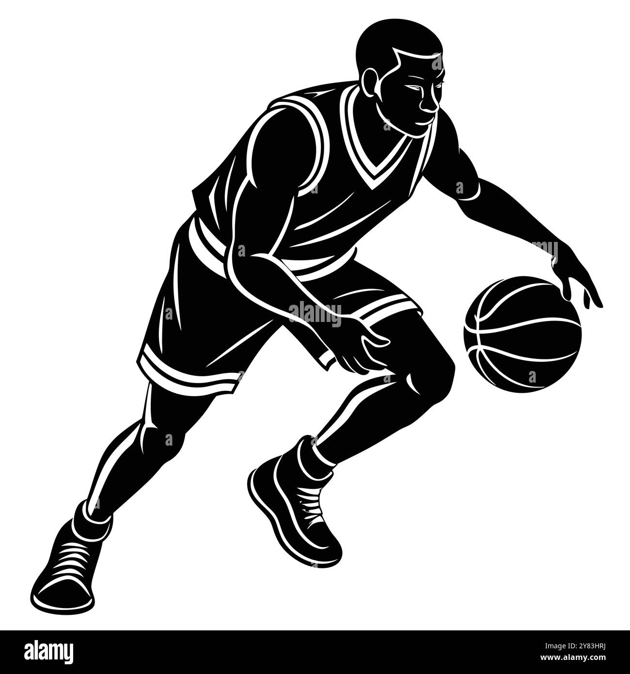 Silhouette eines Basketballspielers, der den Ball dribbelt. Dieses Bild eignet sich perfekt für sportliche Projekte. Stock Vektor