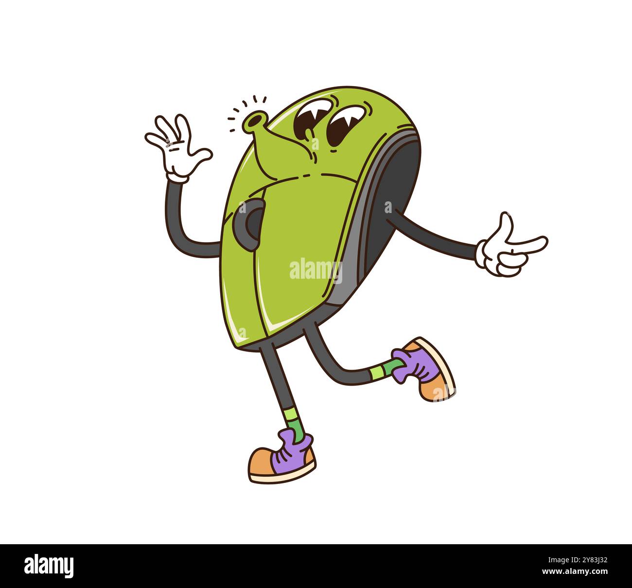 Groovige Computermaus, Retro-Zeichentrickfigur mit lustigem Gesicht, Vektor-Funky-Comic. Grooviger verrückter PC-Computer oder Laptop-Maus mit fröhlichem lustigem Lächeln und pfeifender Melodie auf positiven Vibes für Emoji Stock Vektor