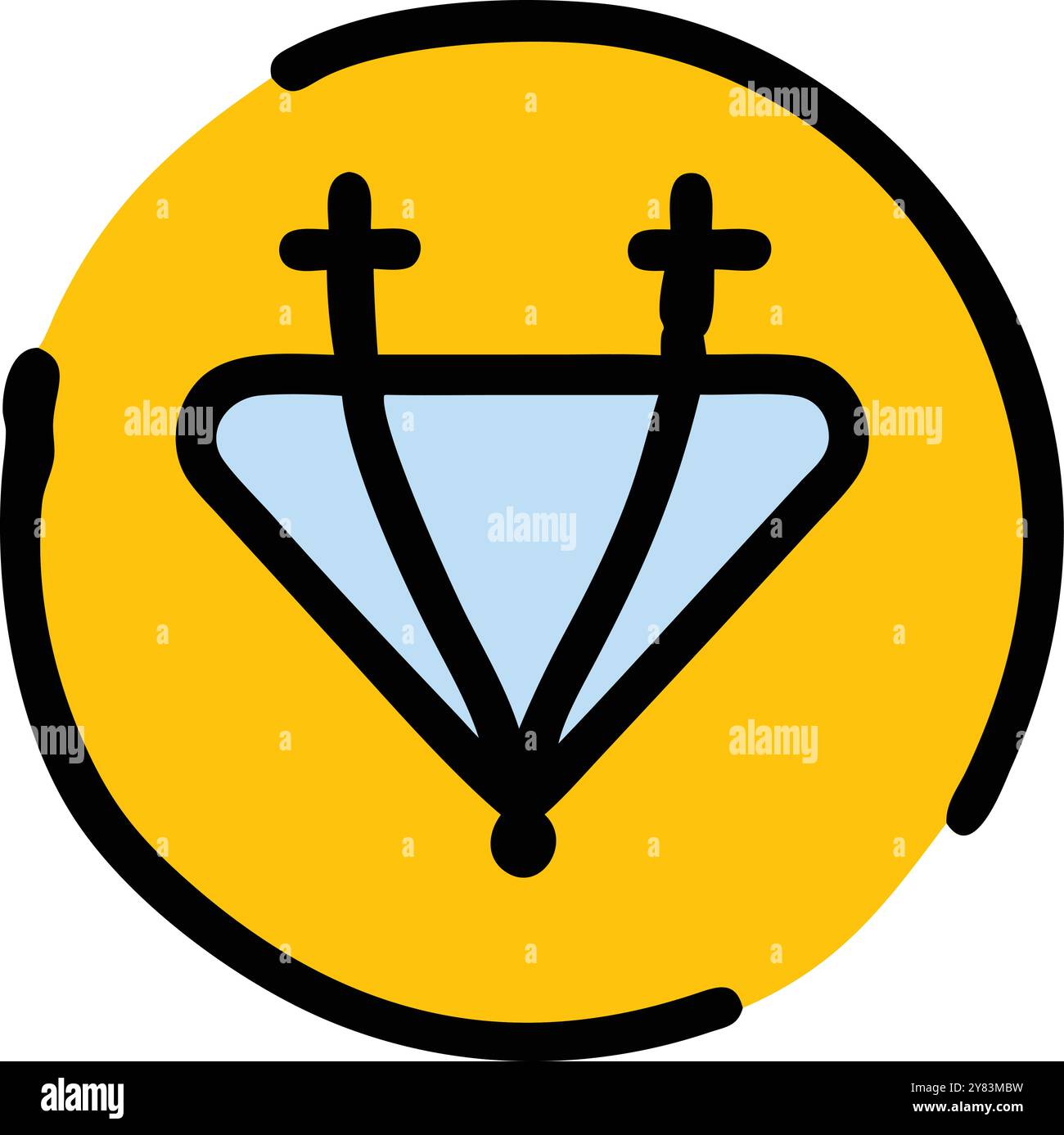 Ein stilisiertes Symbol, das einen Diamanten mit zwei Kreuzen darüber darstellt. Umgeben von einem gelben Kreis mit einer dicken schwarzen Umrandung. Dieses vielseitige Symbol Stock Vektor