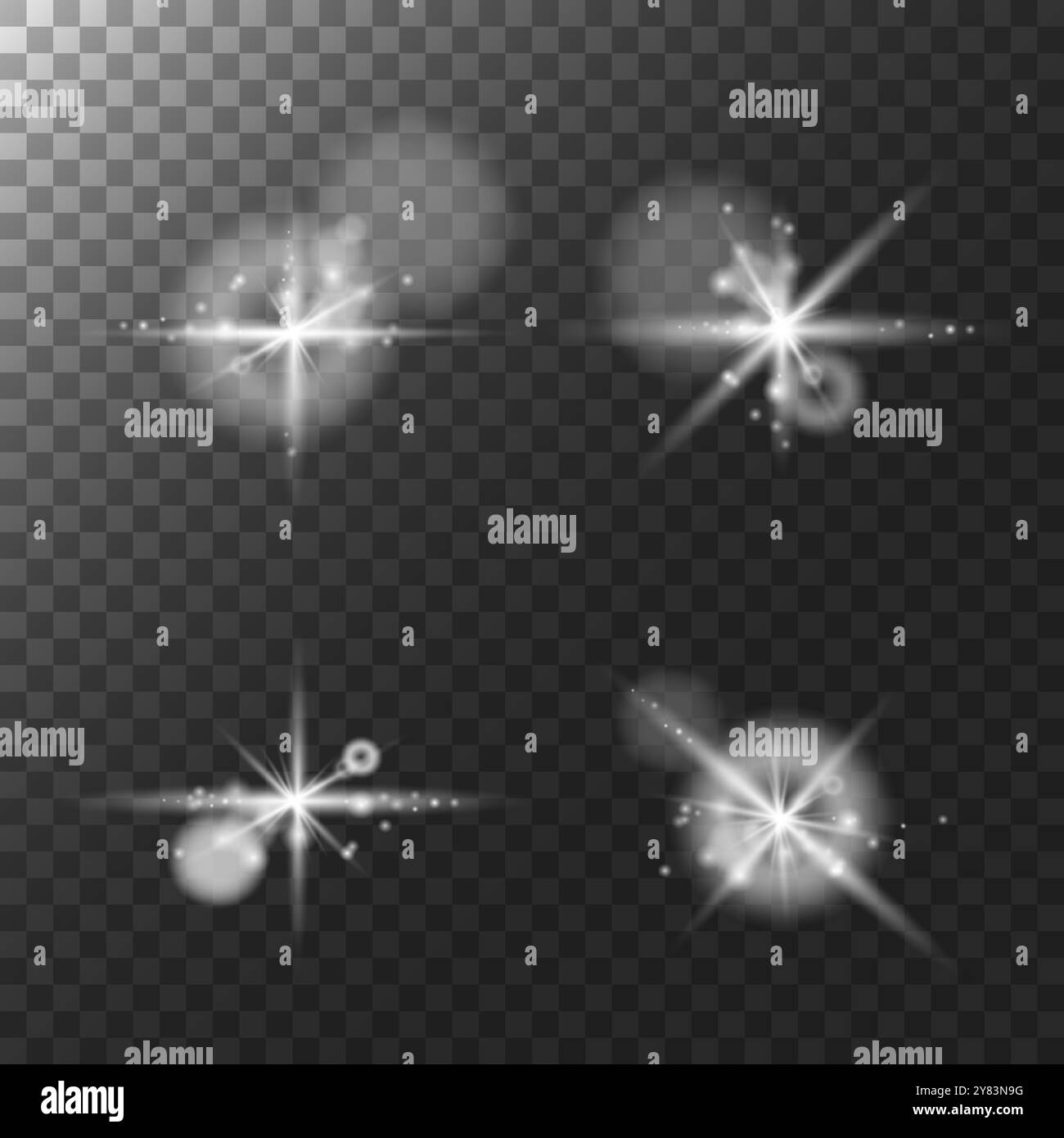 Helle, leuchtende Lichteffekte mit transparentem Hintergrund, perfekt für magische, fantasievolle oder himmlische Designs. Fügen Sie funkelnde Starbursts, Flares und hinzu Stock Vektor