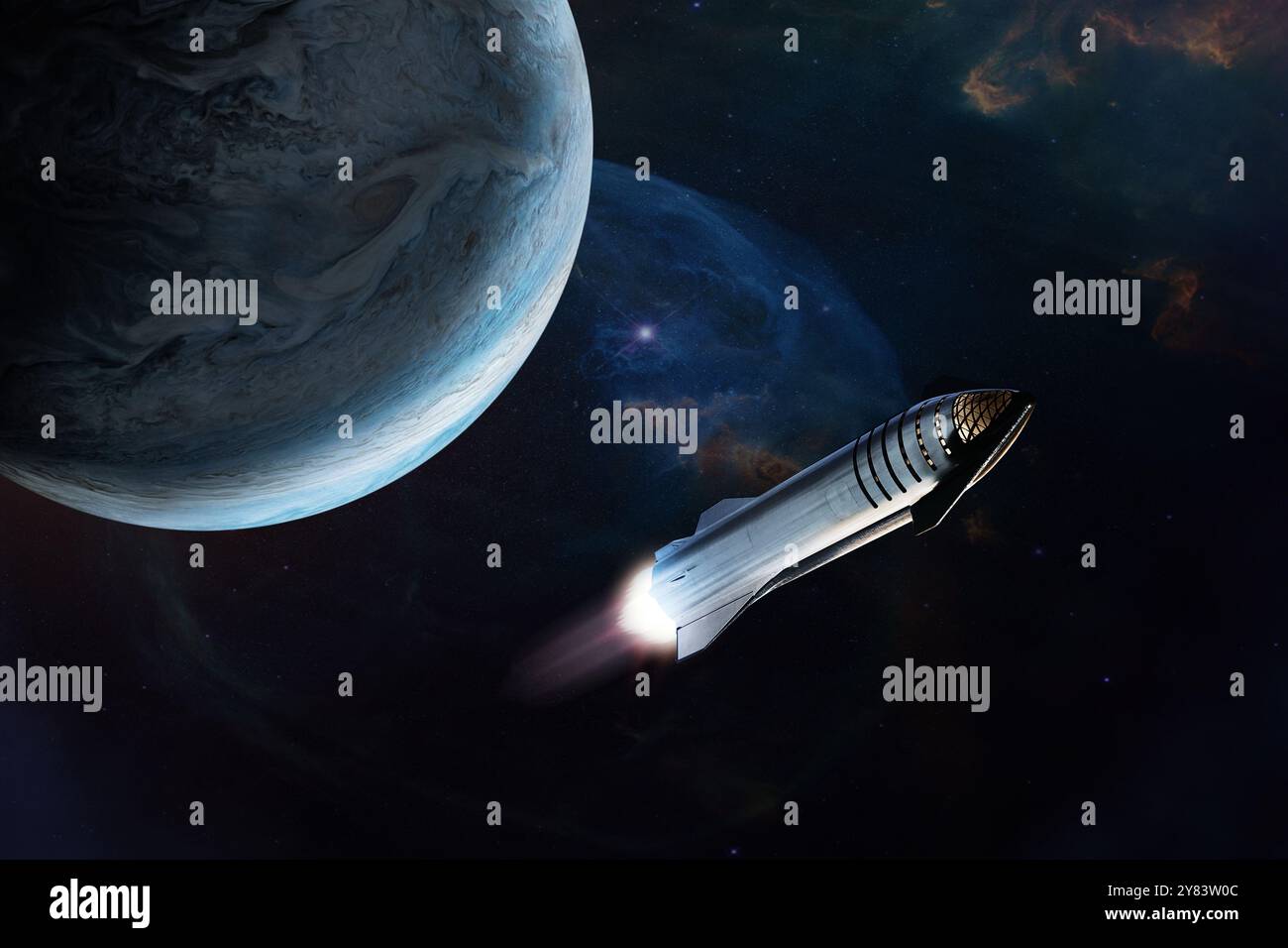 Schweres Raumschiff startet Mission auf Jupiter-Hintergrund. Elemente dieses Bildes, bereitgestellt von der NASA. Stockfoto