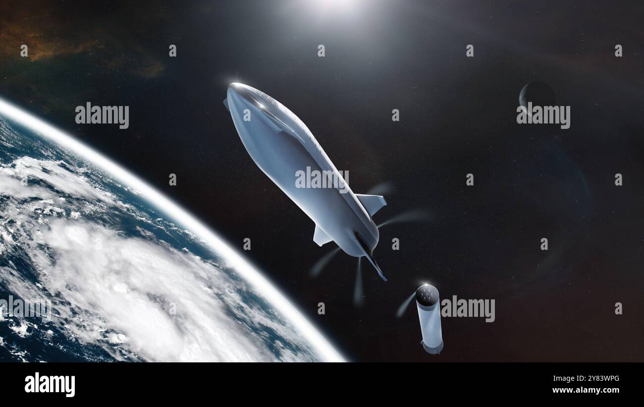 Raumschiff fliegt im Weltraum auf dem Hintergrund des Planeten Erde. Elemente dieses Bildes, bereitgestellt von der NASA. Stockfoto