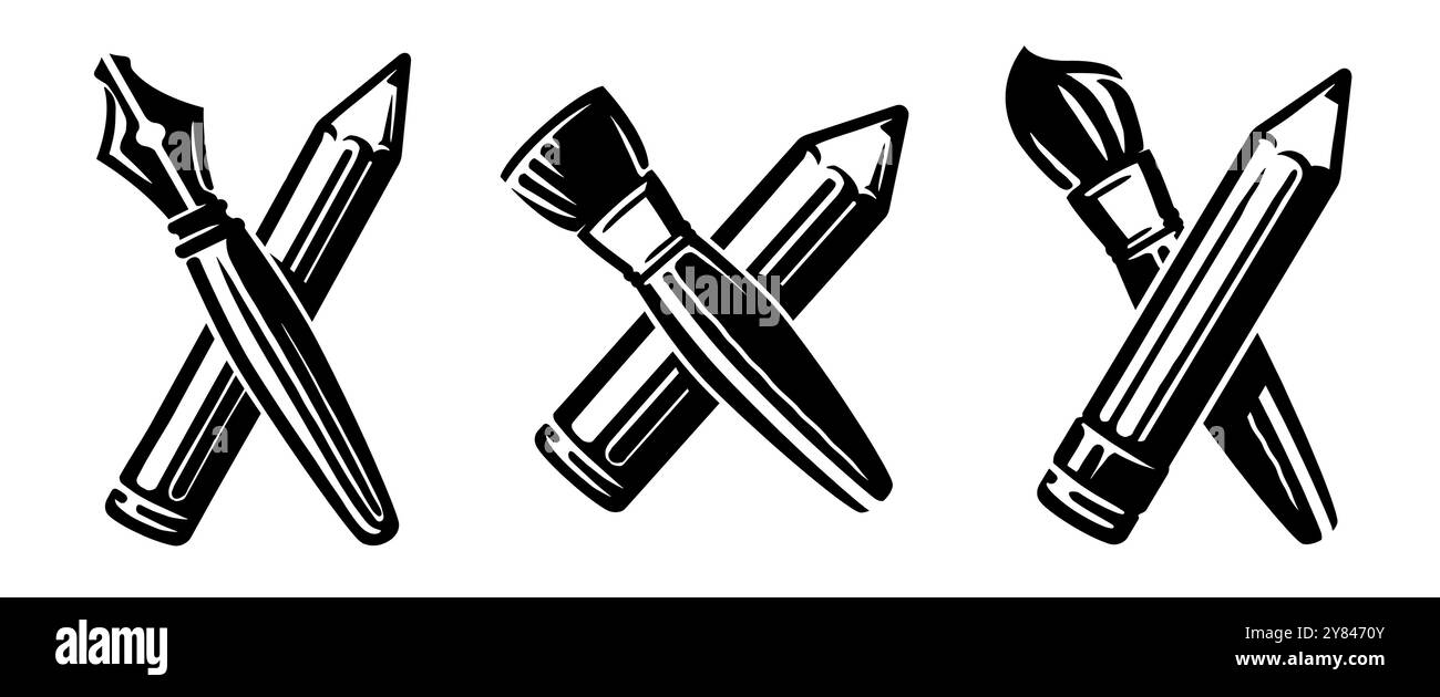 Füllfederhalter, Bleistift und Pinsel. Schulkunst Emblem oder Symbol. Handgezeichnete Vektorzeichnung Stock Vektor