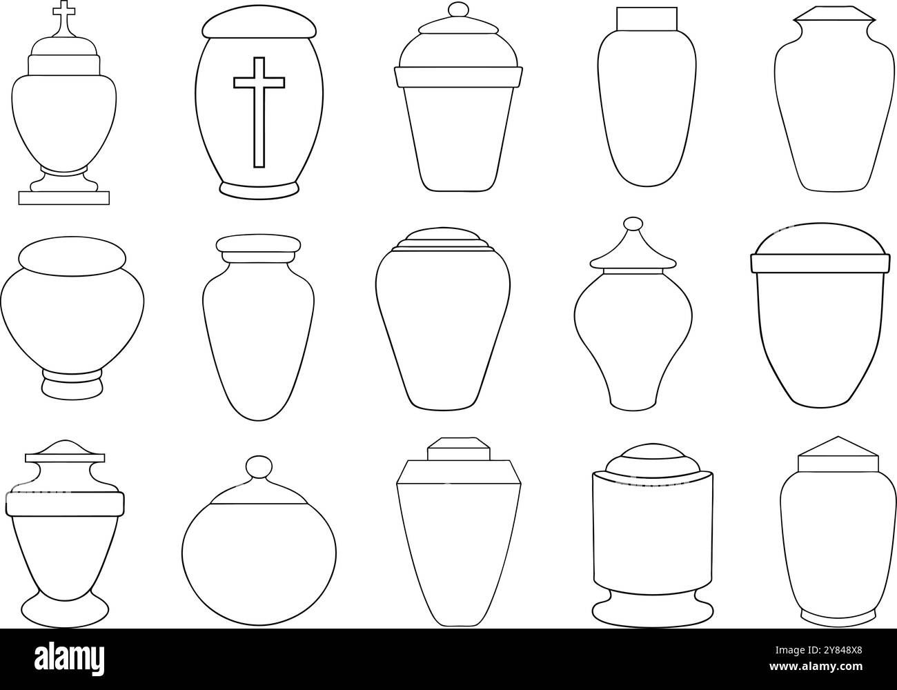 Eine Reihe verschiedener Bestattungsurnen, isoliert auf Weiß Stock Vektor