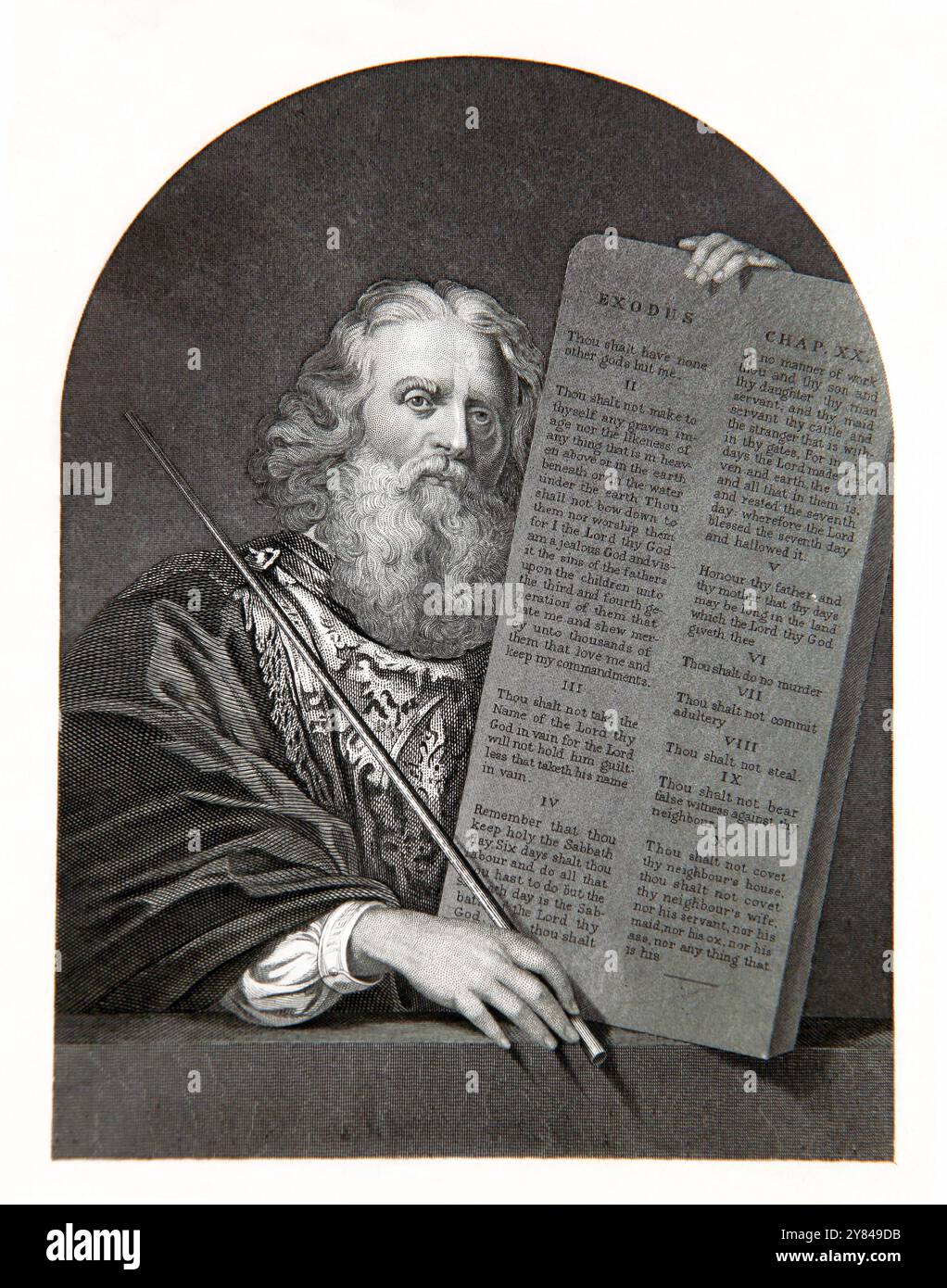 Illustration von Moses mit den Gesetzestafeln (zehn Gebote) aus dem Jahr 1776 Ausgabe der National Illustrated Family Bible die Heilige Bibel mit Kommen Stockfoto