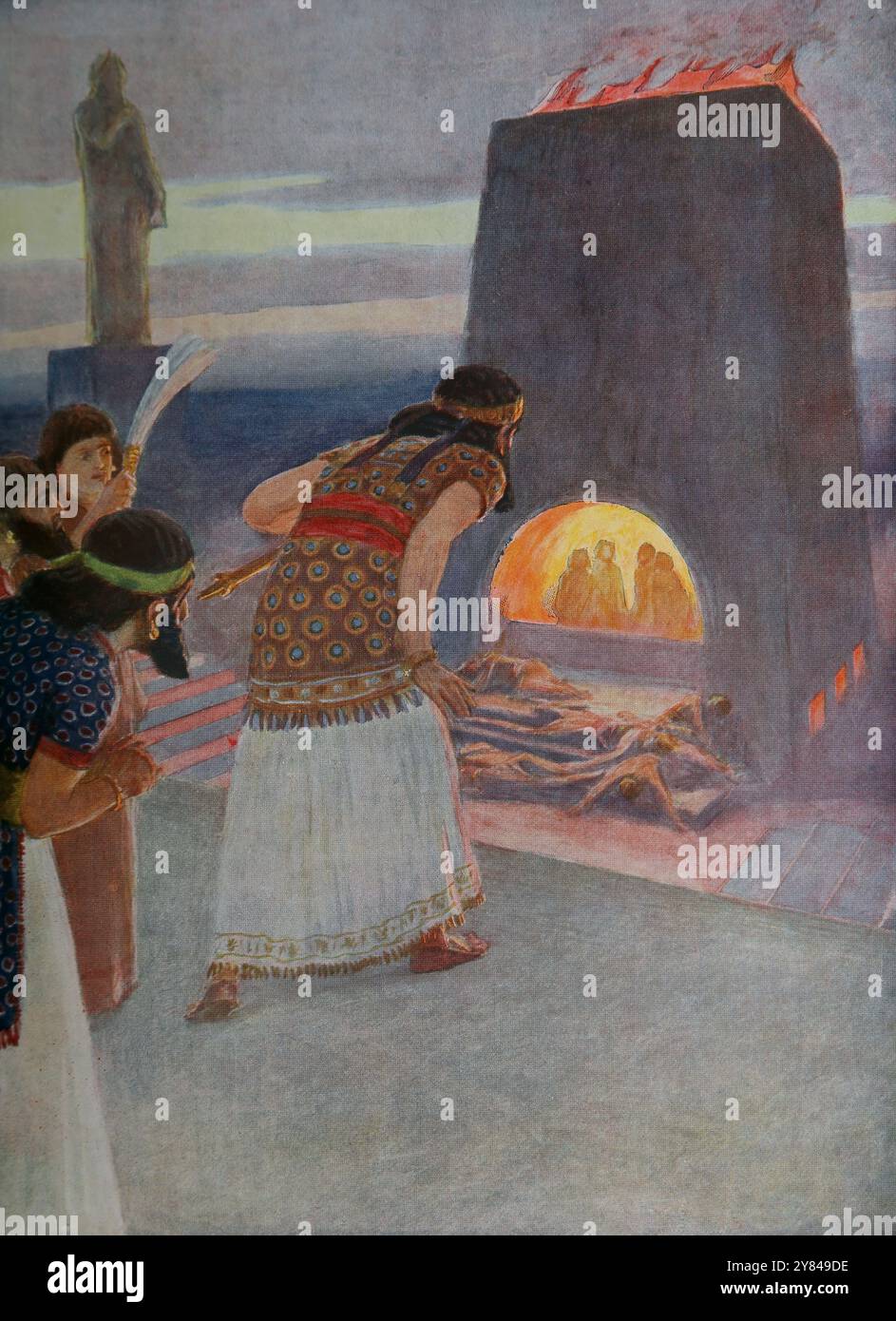 Die drei Hebräer Mesach, Schadrach und Abed-Nego im feurigen Ofen, nachdem sie sich weigerten, sich zu verbeugen und das goldene Götzenbild des Königs Nebukadnezz zu verehren Stockfoto