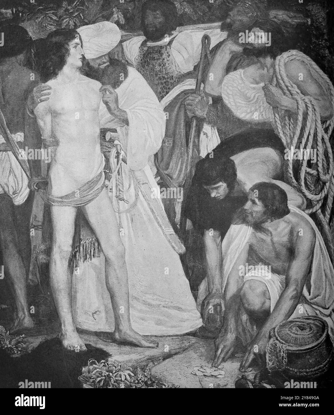 Joseph verkaufte die Ismaeliten von seinen Brüdern aus dem Gemälde von Harry R. Mitcham im 19. Jahrhundert die Kinderbibel Cassell and Company Limited Stockfoto