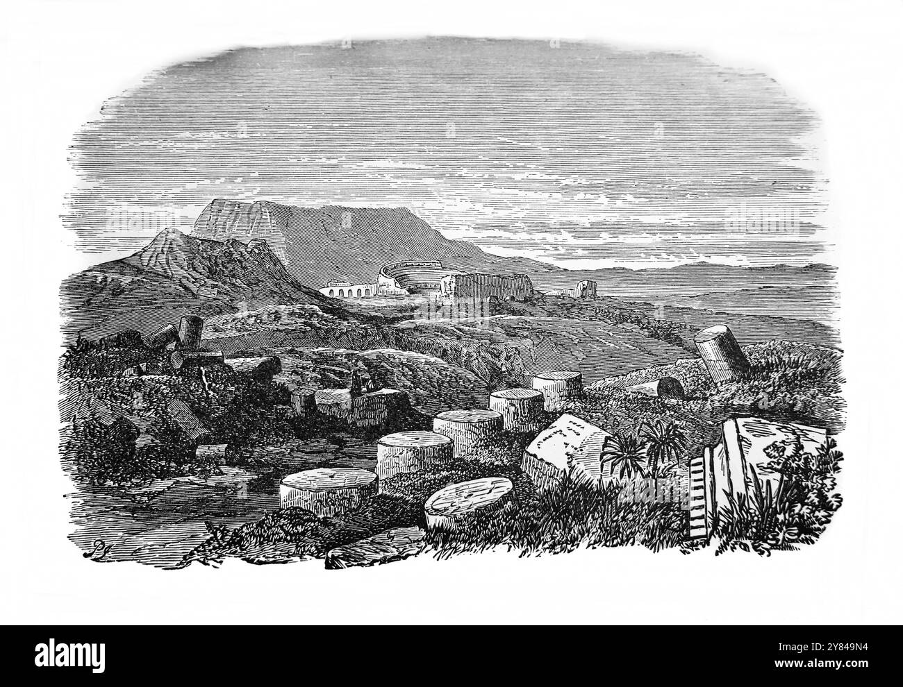 Illustration der Ruine der hellenistischen Stadt Gadara erwähnt in den Evangelien Neues Testament aus dem Antiken 19. Jahrhundert das nationale umfassende Fa Stockfoto