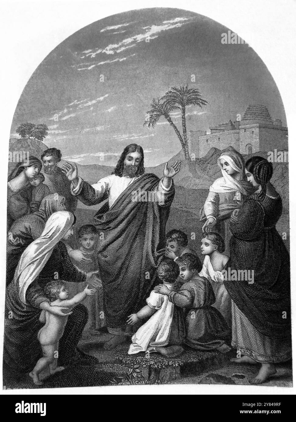 Gravur von Jesus Christus segnend kleine Kinder (Markusevangelium) in der antiken Ausgabe 1776 der National Illustrated Family Bible die Heilige Bibel Stockfoto