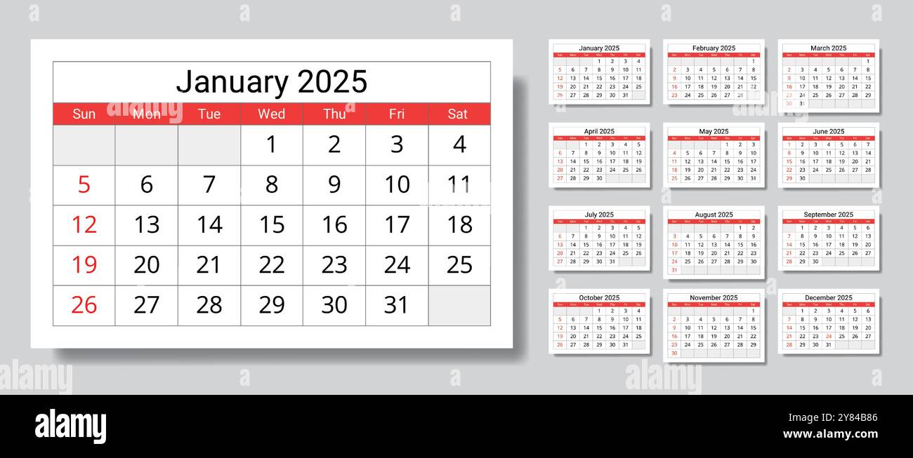 Kalender 2025. Eine Vektorsammlung englischer monatlicher Seitenkalender. Design mit Sonntag Stock Vektor