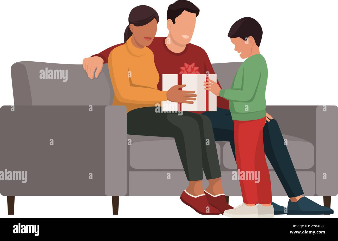 Glückliche Familie, die Weihnachten gemeinsam feiert, schenken die Eltern ihrem Sohn ein Geschenk, isoliert Stock Vektor