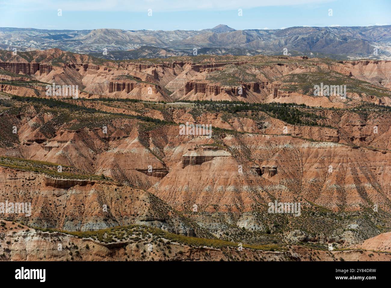 Weite Wüstenlandschaft mit tief geschnitzten Canyons und Bergketten unter einem klaren blauen Himmel, Los Colorados, Gorafe Wüste, Granada, Andalusien, Spanien, Stockfoto