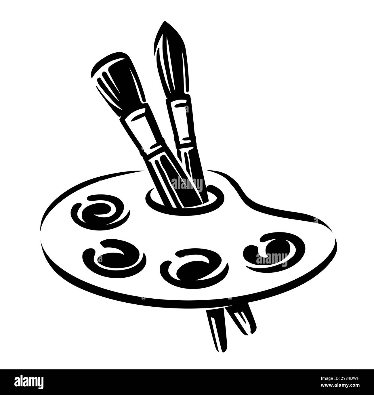 Pinsel und Palette. Künstlerische Kunst, Malsymbolemblem. Schwarzweißzeichnung Stock Vektor
