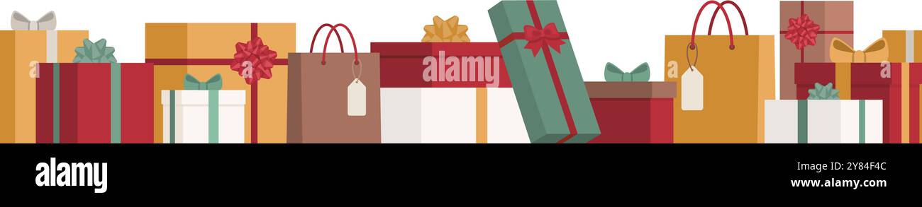 Viele Weihnachtsgeschenke nahtlose Grenze, Feiertage und Feiertagskonzept, isoliert Stock Vektor
