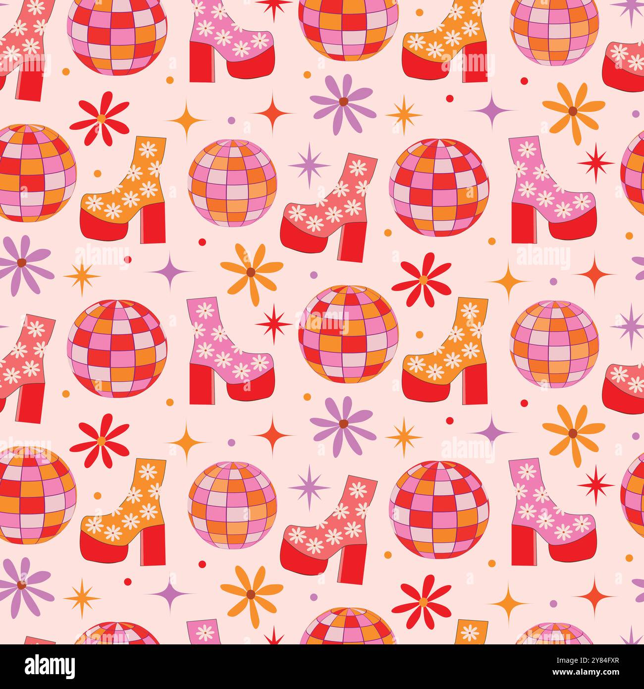 Discokugeln und Retro Groovy Schuhe mit nahtlosem Blumenmuster. Für Retro-Dekorationen, Stoff und Textil Stock Vektor