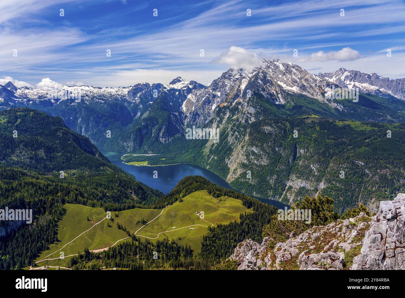 Blick auf den Königssee in Bayern, Deutschland, Europa Stockfoto