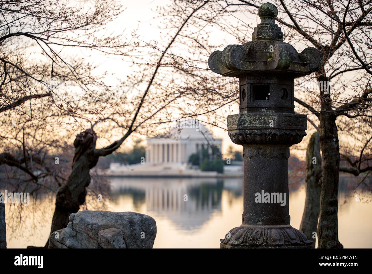 WASHINGTON DC, USA – Kirschblüten 360 umgeben von blühenden Yoshino-Kirschbäumen, steht die historische japanische Steinlaterne im Tidal Basin in Washington DC als Symbol der Freundschaft zwischen Japan und den Vereinigten Staaten. Diese legendäre Szene, die während des National Cherry Blossom Festivals aufgenommen wurde, zeigt die kulturelle Fusion und diplomatische Beziehungen, die durch die jährliche Frühlingsblüte repräsentiert werden. Stockfoto