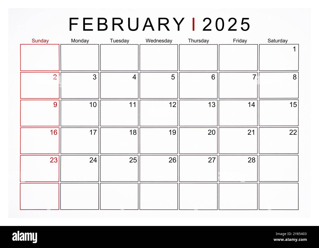 Februar 2025 monatliche Kalenderseite isoliert auf weißem Hintergrund, gespeicherter Beschneidungspfad. Stockfoto