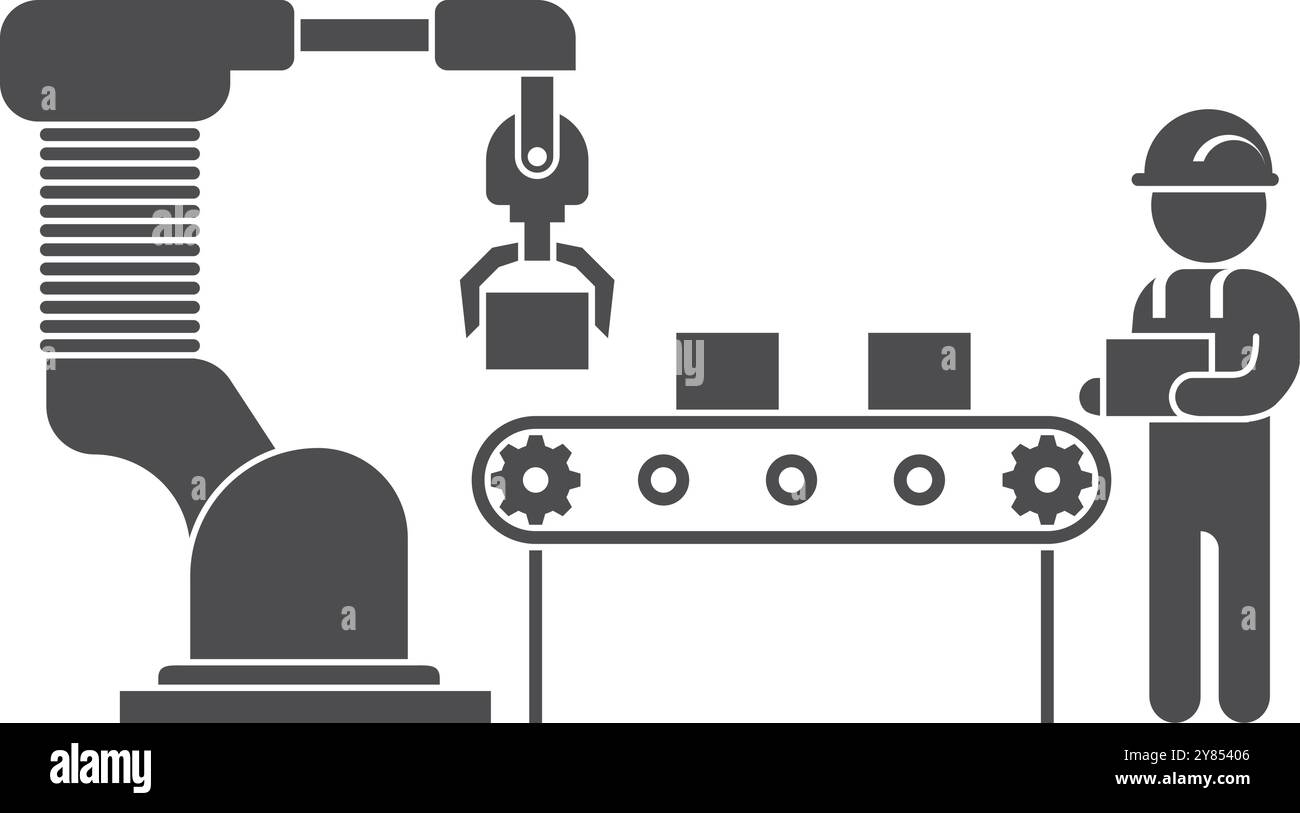 Werkseitiges Förderband mit schwarzem Symbol für arbeitenden Mann und Roboterarm Stock Vektor