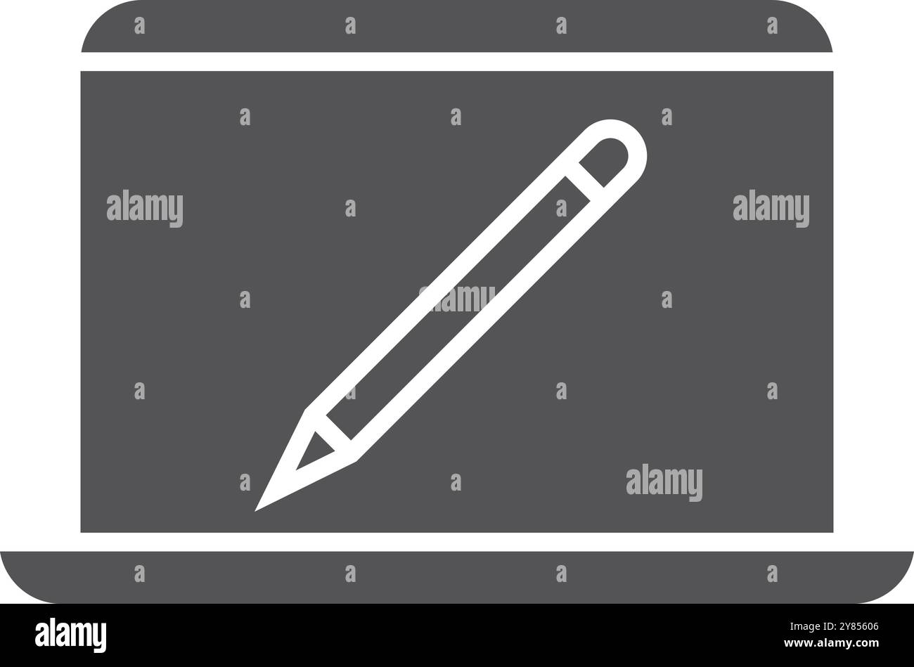 Öffnen Sie den Laptop mit Bleistift auf dem Bildschirm. Schwarzes Symbol wird bearbeitet Stock Vektor