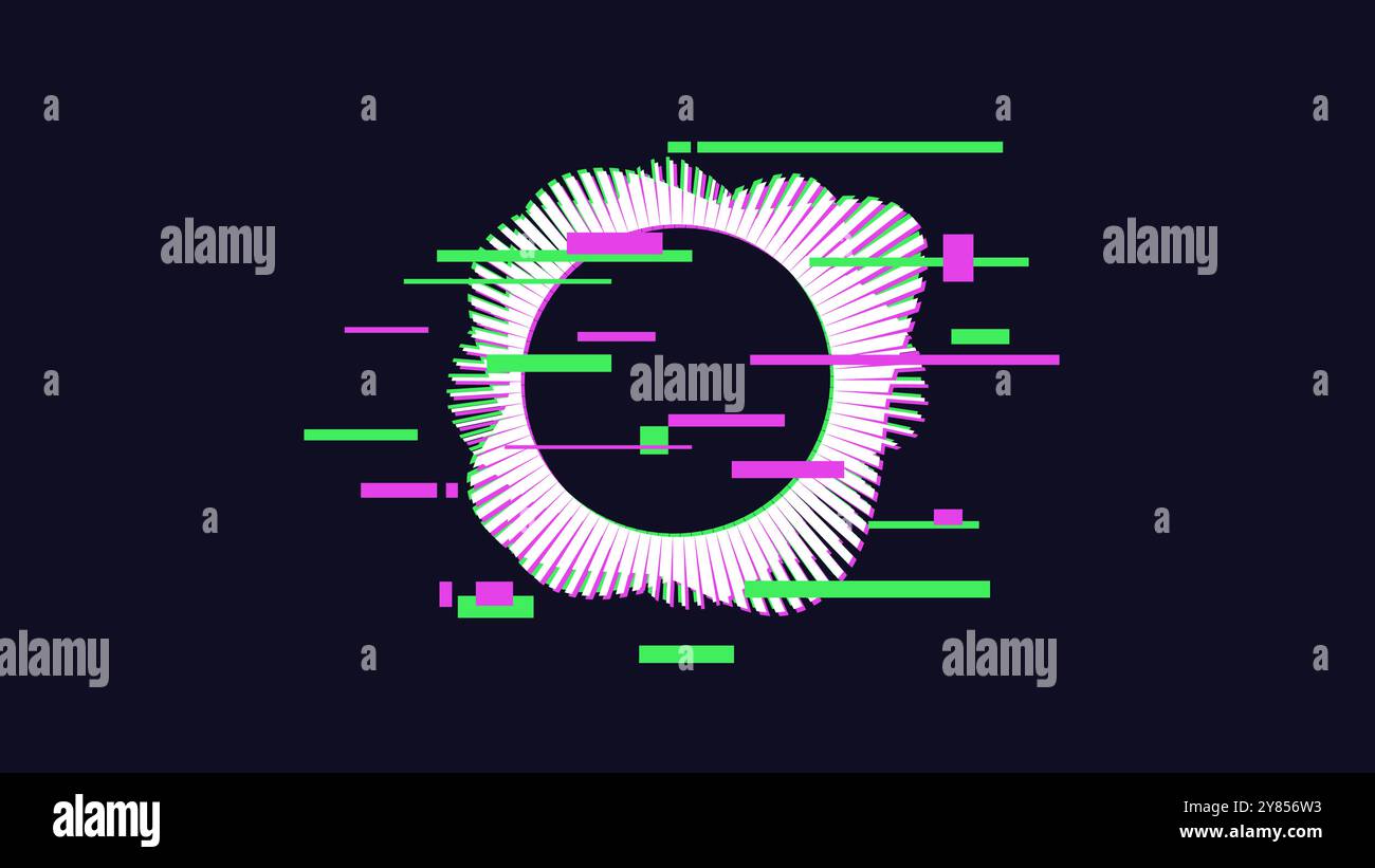 Kreisförmiges Schallwellenmuster mit Glitch-Effekten und chromatischer 3D-Aberration. High-Tech-Retro-futuristisches Illustrationskonzept Stock Vektor