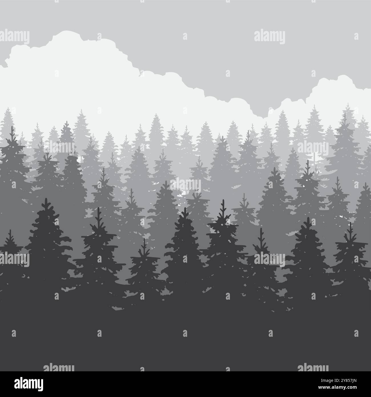 Graue Waldlandschaft. Baumsilhouetten. Nebelige Berge. Vektorabbildung Stock Vektor