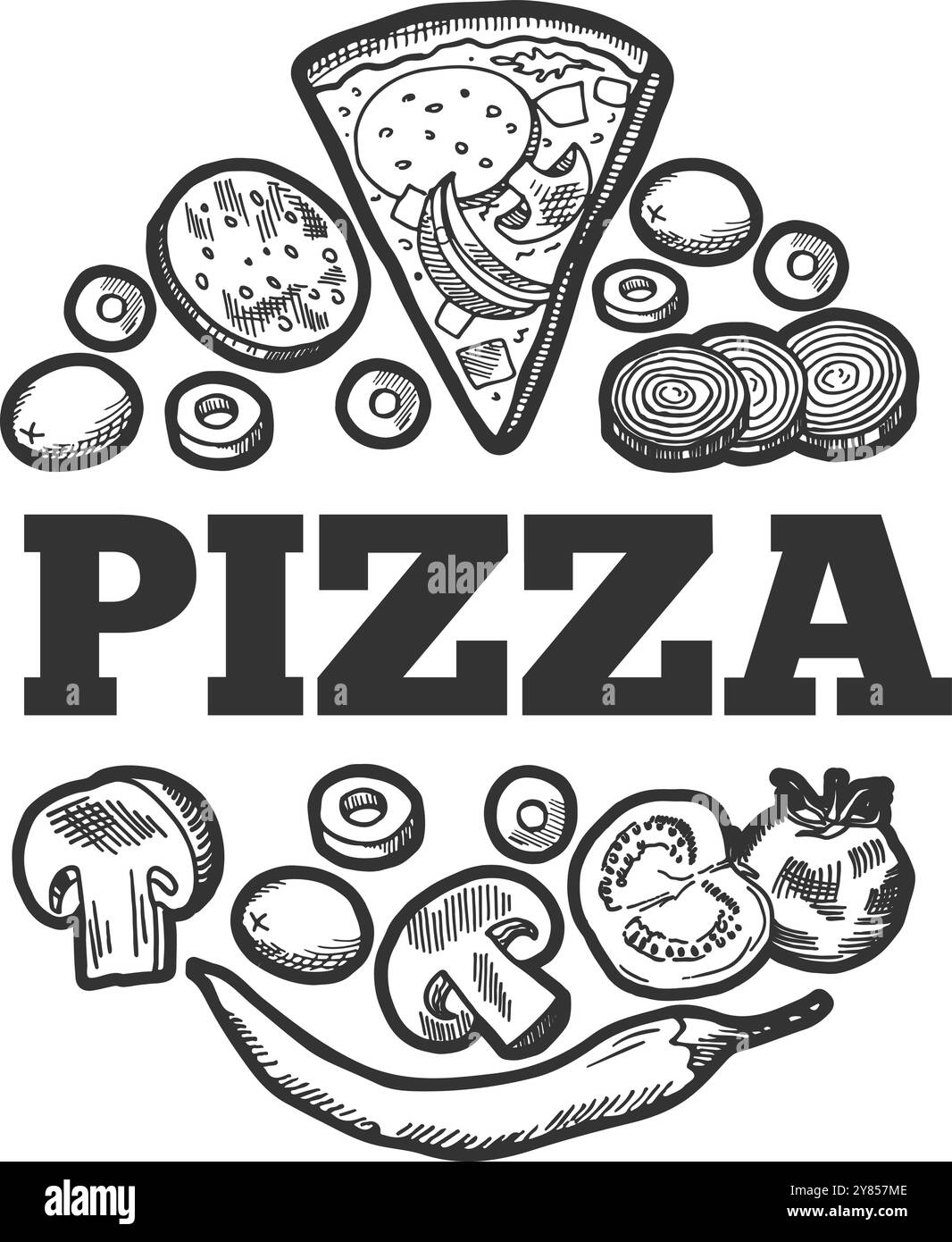 Pizza-Etikett. Schwarzes Logo für frische Kochzutaten Stock Vektor