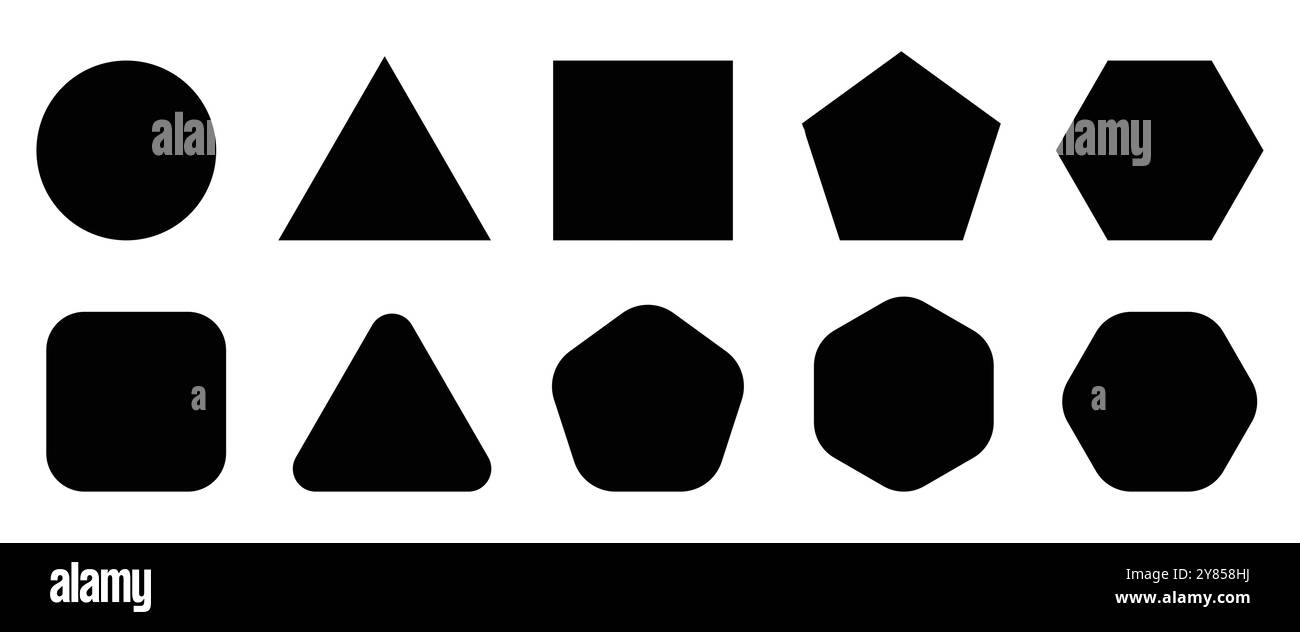 Satz grundlegender geometrischer Formen mit abgerundeten Kanten – Sammlung einfacher geometrischer Figuren, Kreis, Rechteck, Dreieck, Polygon, Sechskant. Stock Vektor