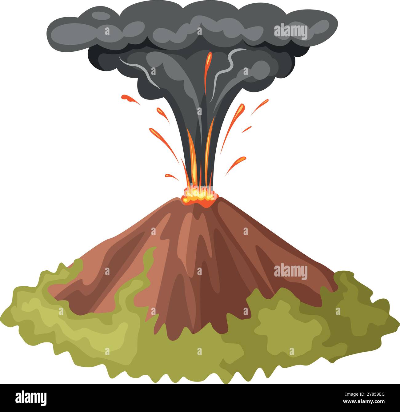 Cartoon-Symbol der Vulkanexplosion. Heiße Lava und schwarzer Raucheffekt Stock Vektor