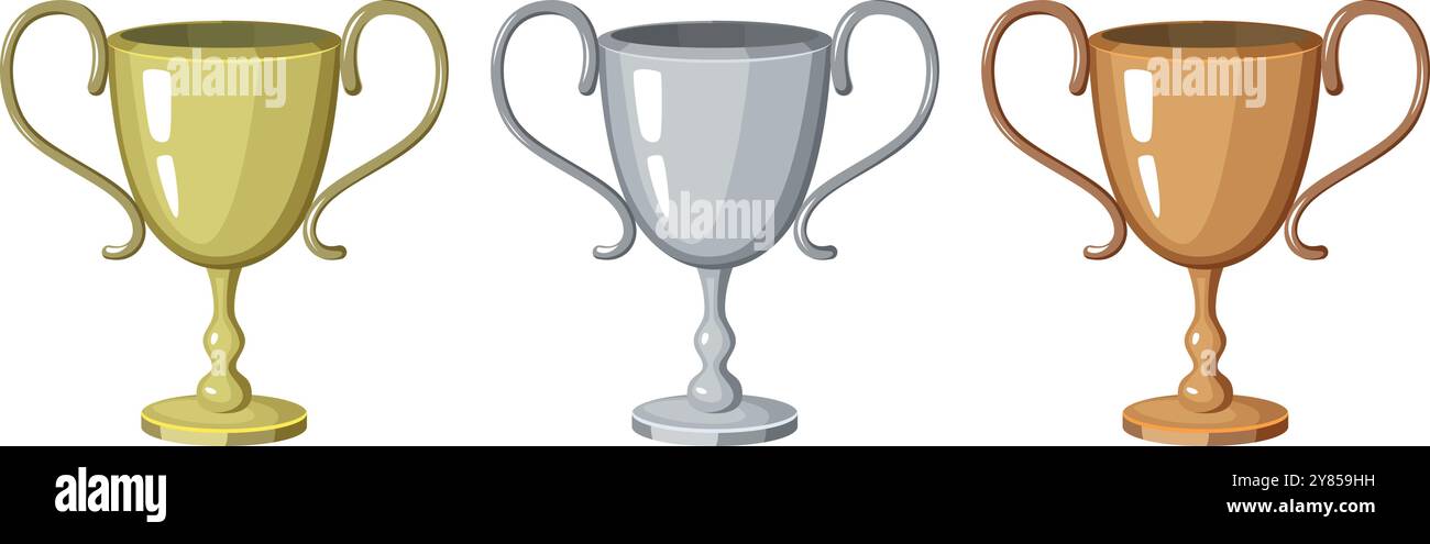 Trophäenbecher-Set. Zeichentricksymbole mit Metal-Auszeichnung Stock Vektor