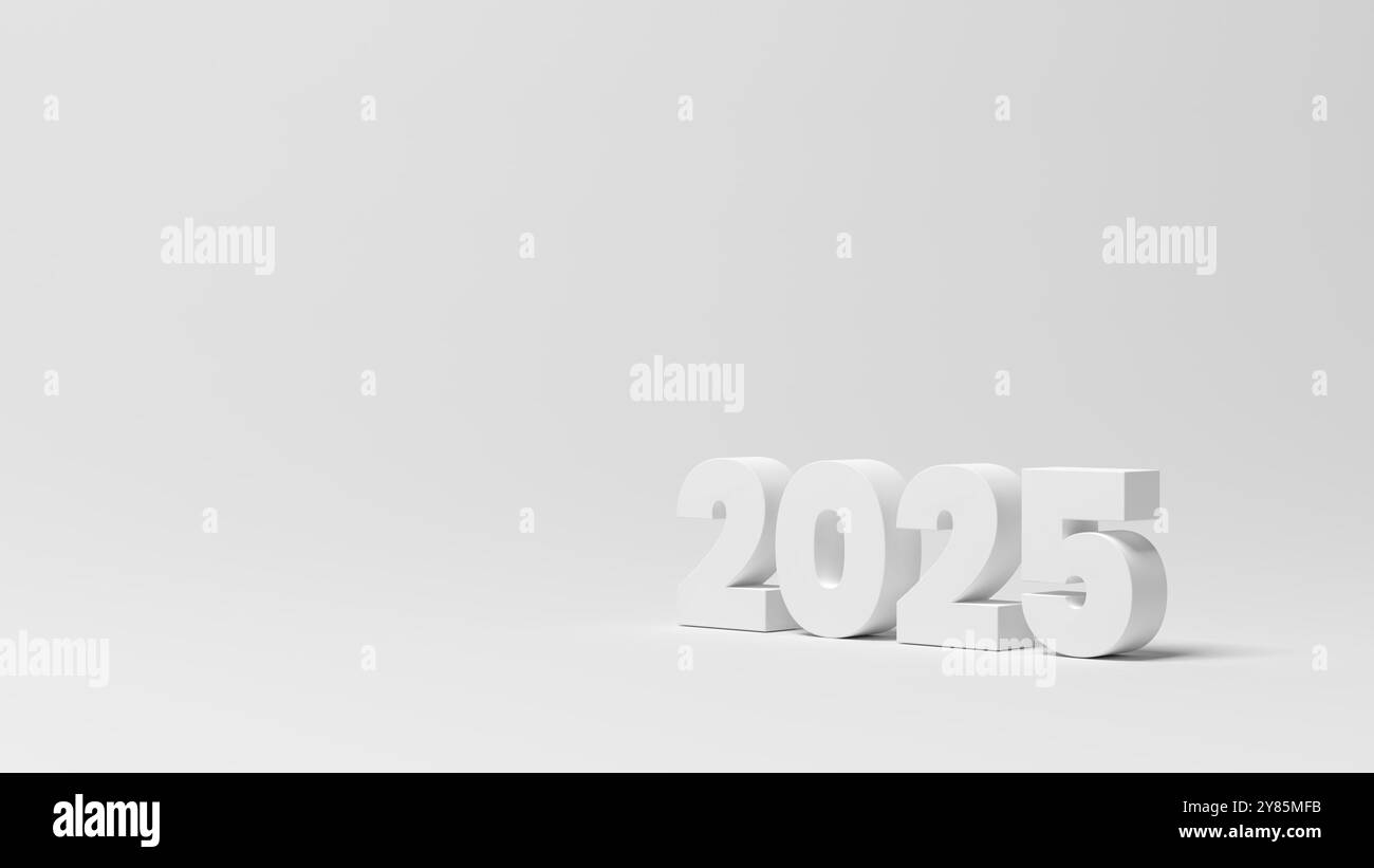 2025 isoliert auf grauem Hintergrund. Zweitausend fünfundzwanzig. Frohes Neues Jahr. Kopierbereich. 3D-Abbildung. Stockfoto