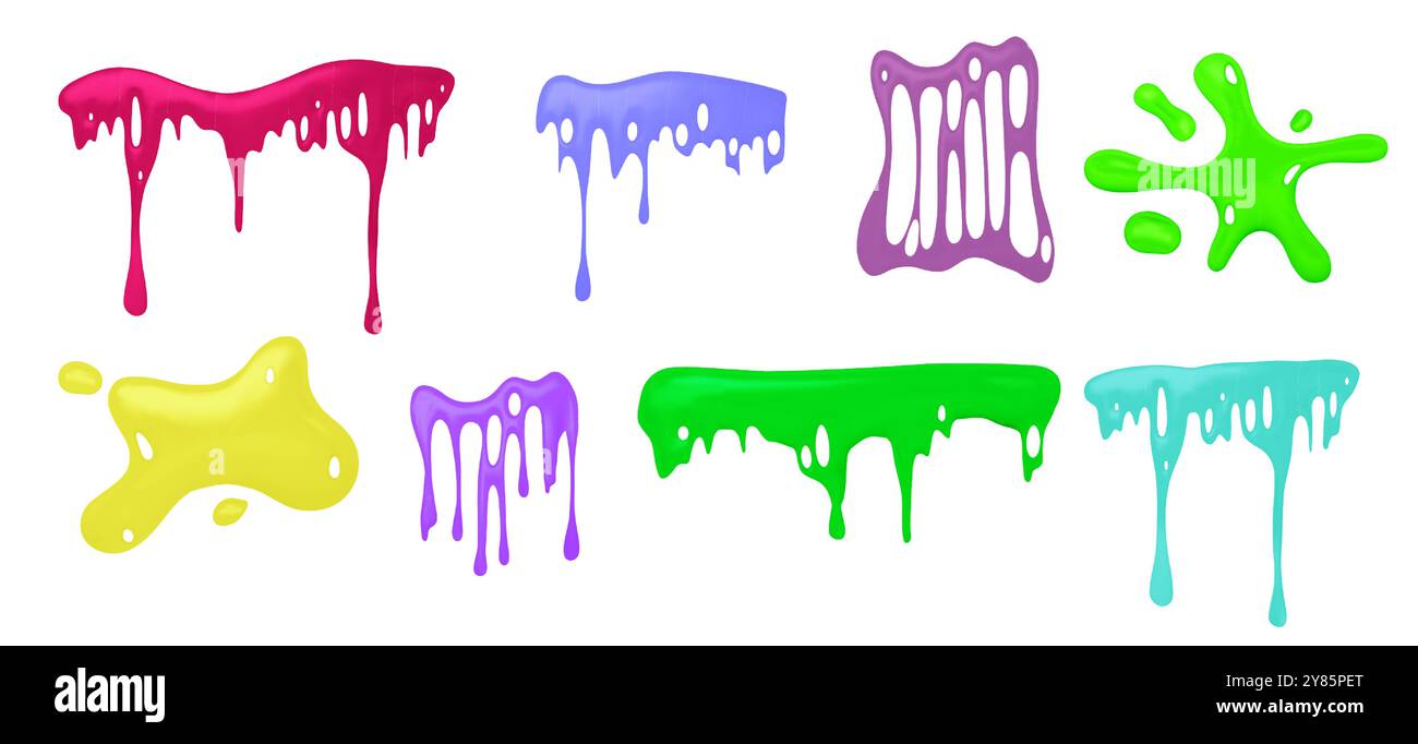 Flüssiger grüner Schleim. Halloween-Schleim-Vektor-Textur. Jelly toxisch Looze Splatter Border. Radioaktives Farbphlegma isoliertes Symbol. Rosa, blau und gelb Stretch-Gooey-Sirup. Fleckenform Stock Vektor